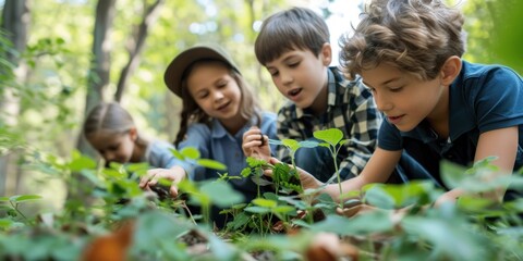 children engaging in planting trees for Arbor Day, ideal for highlighting environmental education initiatives or as a visual encouragement for hands-on learning about nature and conservation.