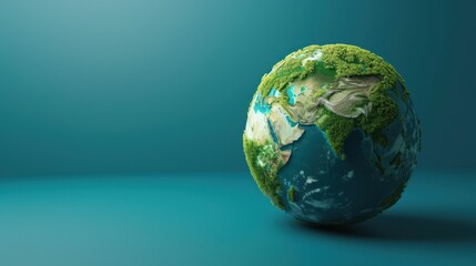 artistically rendered Earth globe with green continents prominently featured against calm blue background, perfect for creative campaigns, educational materials on green energy and ecological balance