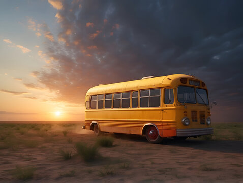An evocative image of an old-fashioned yellow school bus parked in a deserted landscape during a golden sunset