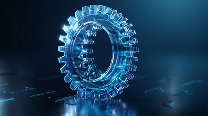 3D wireframe illustration of a gear on a dark blue background. Mechanical technology, industry development, engine work are machine engineering symbols.