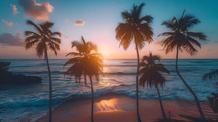 Fototapeta na wymiar A photo featuring the silhouettes of palm trees swaying in the gentle breeze against the backdrop of a breathtaking sunrise over the ocean. Highlighting the tranquil paradise of a tropical morning and