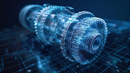 3D wireframe illustration of a gear on a dark blue background. Mechanical technology, industry development, engine work are machine engineering symbols. - obrazy, fototapety, plakaty