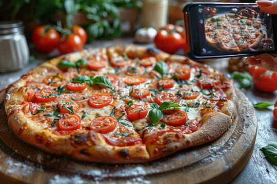 A blogger influencer takes a photo of a baked pizza made by a student with a smartphone while covering a cooking class. Cooking class concept.
