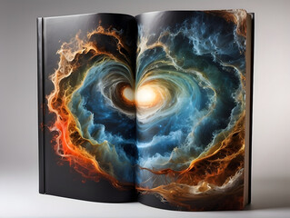 A visually captivating image of a book with pages morphing into a heart-shaped cosmic nebula scene