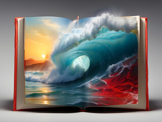 An open book showcases a surreal merge of ocean waves with a vibrant sunset landscape