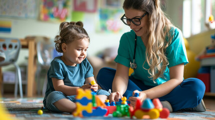 A friendly nurse playing a therapeutic game with a pediatric patient in their playroom, aiding in development, health visitor at home, blurred background, with copy space - obrazy, fototapety, plakaty
