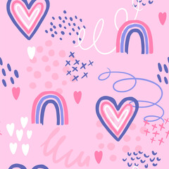 Abstract seamless chaotic print with hearts, rainbow and hand written elements. Cute texture background on pastel colors. Wallpaper for girls. Fashion style pattern