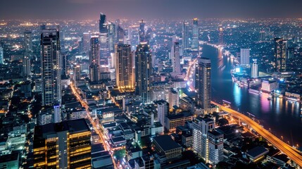 Obraz premium towering skyscrapers illuminated against the night sky