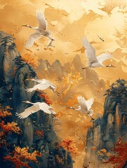 A piece of abstract art, showcasing rich contrasting colors, several flying white cranes, and Chinese ancient architecture
