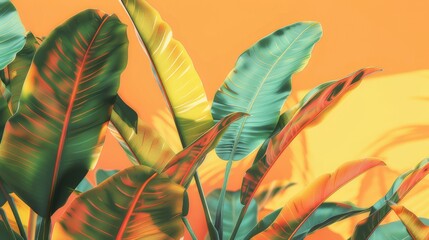 Tropical foliage with pastel shades of orange creates a lively aesthetic.