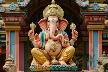 Fototapeta premium Lord Ganesha sitting and giving blessings The backdrop of the temple is beautiful