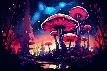 a digital art of mushrooms and trees - obrazy, fototapety, plakaty
