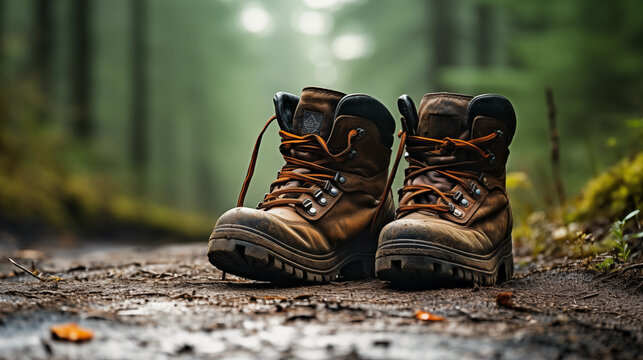 pair of boots, hiking boots in the forest 