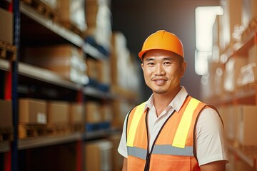Asian man in a high visibility vest and hard hat helmet