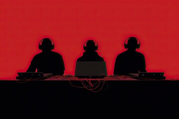 silhouette of three DJ mixing music