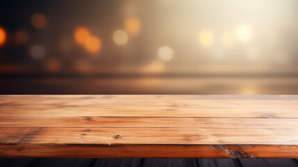 Grunge natural wooden desk top with copy space for product advertising over blurred office background