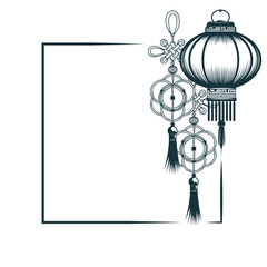 Decorative rectangular frame with traditional Chinese knots and lantern. Hand drawn vector illustration for design of cards, invitations, covers and prints.
