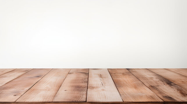 Grunge natural wooden desk top with copy space for product advertising over blurred brushed white background
