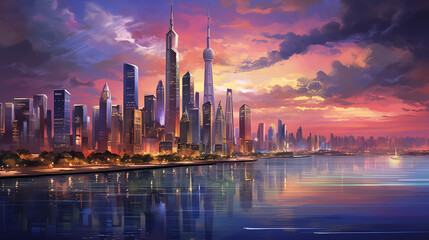 skyline at sunset, futuristic concept, AI generated  - obrazy, fototapety, plakaty