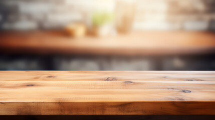Grunge natural wooden desk top with copy space for product advertising over blurred kitchen background