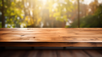 Naklejka na ściany i meble Grunge natural wooden desk top with copy space for product advertising over blurred home kitchen background
