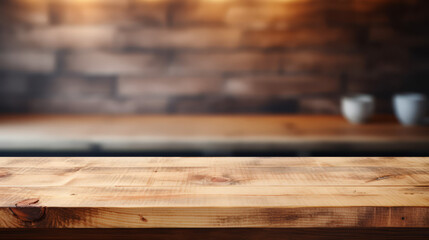 Grunge natural wooden desk top with copy space for product advertising over blurred home kitchen...