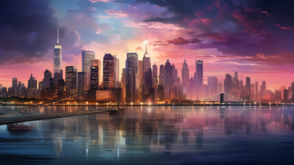 skyline at sunset, futuristic concept, AI generated  - obrazy, fototapety, plakaty