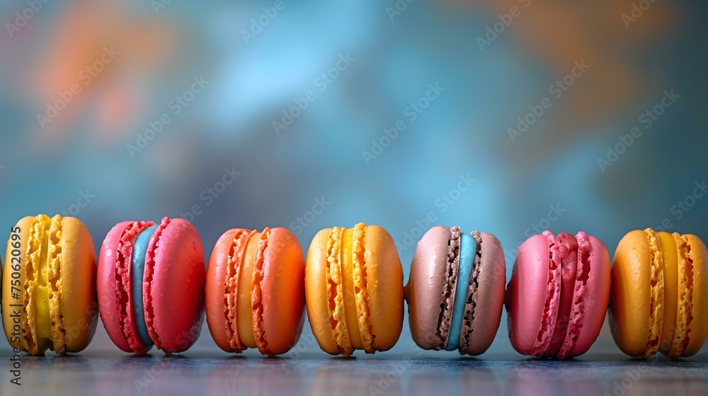 Poster assorted vibrant macarons creating a colorful backdrop centered professional photo copy space. conce