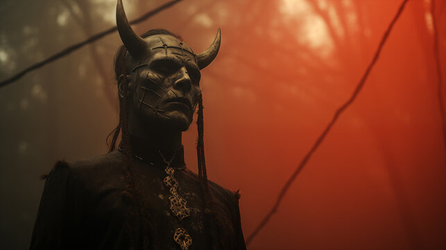 Krampus. Public show of Christmas devils photo portrait of the devil Satan the devil with horns on the background nature evening twilight fog red tones gloomy photo