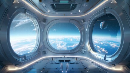 Futuristic space station interior with a clear view of the Earth and stars from a large window.