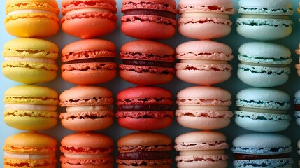 Colorful Macarons Arranged in a Vibrant Display with Professional Photo Space. Concept Macaron Photography, Vibrant Display, Colorful Props, Professional Photo Space