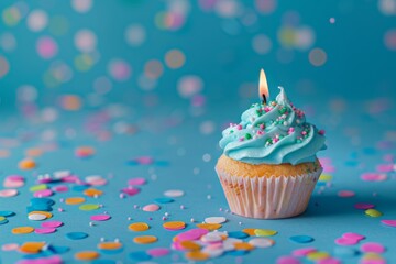 A birthday cake displayed on a pastel blue background, featuring a light and bright tone, exuding a cheerful and celebratory atmosphere