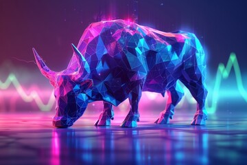 The digital artwork of a polygon bull exudes a fine-art sensibility with its soothing blue and hile the green graph glow adds a calm vibe to the stock market scene. - obrazy, fototapety, plakaty