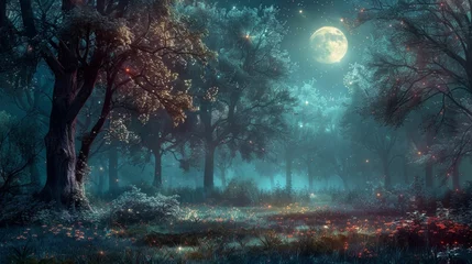 Zelfklevend Fotobehang The moon's silver glow illuminates the forest, casting eerie shadows as owls hoot and creatures stir in the darkness. © tonstock