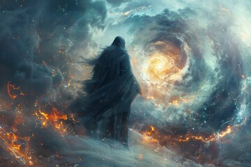 A powerful sorcerer god, akin to Morgoth, stands cloaked in mystical robes as he casts spells, a swirling galaxy serving as his backdrop.