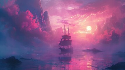 a sailboat in the middle of the ocean at sunset - obrazy, fototapety, plakaty