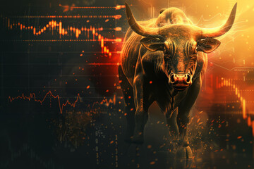 Fiery Bull on Financial Chart Background, Stock Market Growth Concept for Commercial Advertisement