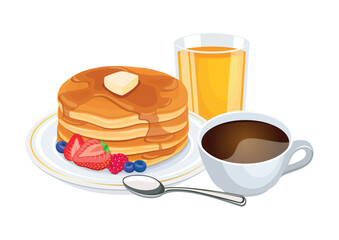 Pancakes, cup of coffee and orange juice drink vector illustration. Cup of coffee and pancakes with fruit icon set vector isolated on a white background. Sweet breakfast still life