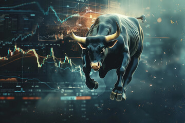 Raging bull with finance charts, commercial advertisement banner for stock market growth concept