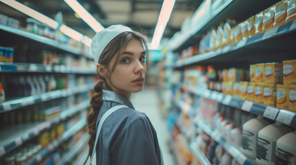 Woman in uniform stocking shelves in a grocery store.