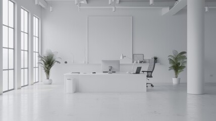A white open space office interior featuring a mock-up wall, providing a clean and modern workspace for creativity and productivity.