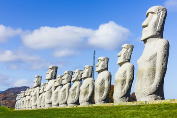 Sky's Ancient Sculpture of Stone head: Buddha Monument at Hill of Budha, Sapporo, Hokkaido, Japan