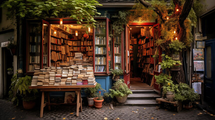 bookstore, photo of an old book store from the street, AI generated 
