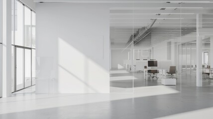 A white open space office interior featuring a mock-up wall, providing a clean and modern workspace for creativity and productivity.