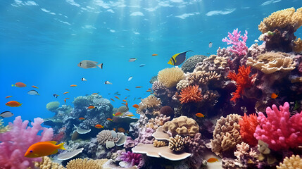 Coral and fish in the Red Sea. 3D illustration.