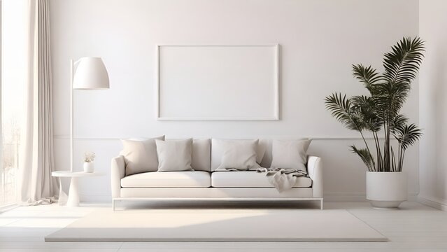 Cozy modern living room with frame mockup and white stylish furniture and decoration, Interior mockup frame, Living Room Interior With Picture Frame On White Walls Background