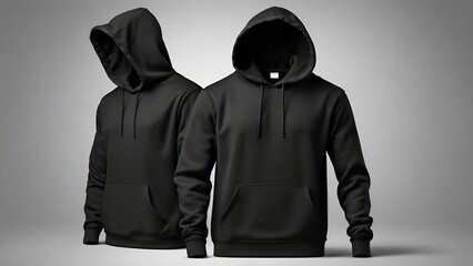 Mock up a men's black hoodie on grey background from two sides natural shape on an invisible mannequin for your design - obrazy, fototapety, plakaty