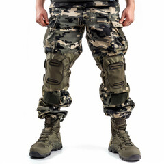 Tactical military gear, camouflage pants with knee pads and combat boots, isolated on white