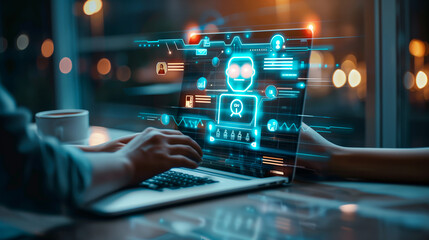 Futuristic AI or Robot Interacting with Holographic Interface. AI chat bot for the future technology concept..