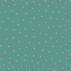 Pink polka dots on turquoise background, seamless pattern.

